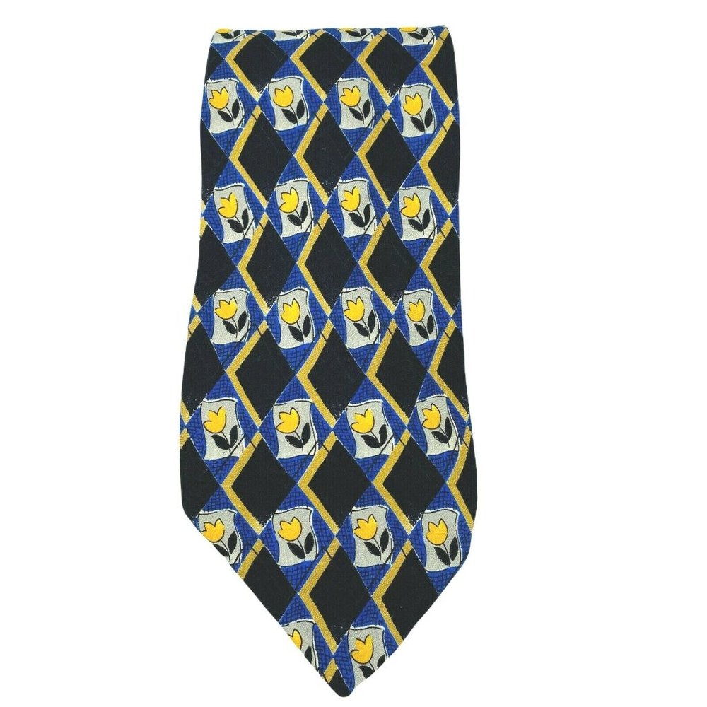 Robert Talbott Mens Tie‎ Studios Black Blue Yellow Floral Accents 100% Silk USA